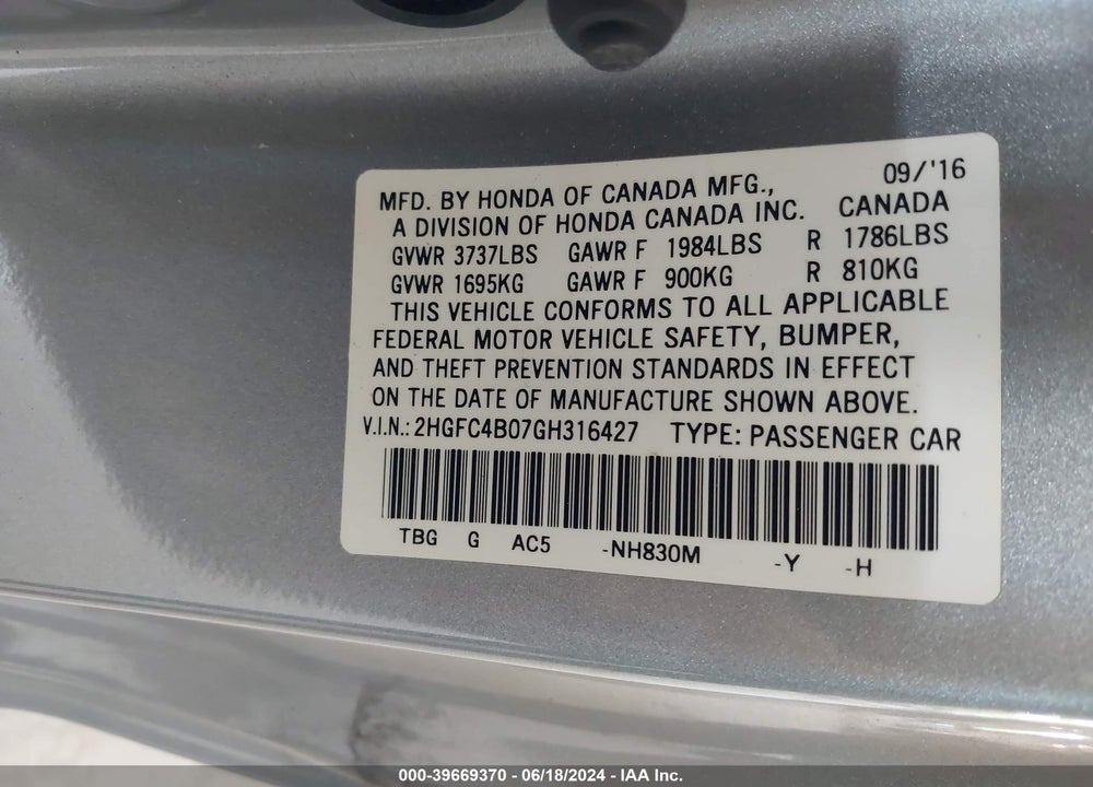 2016 HONDA CIVIC LX-P VIN: 2HGFC4B07GH316427