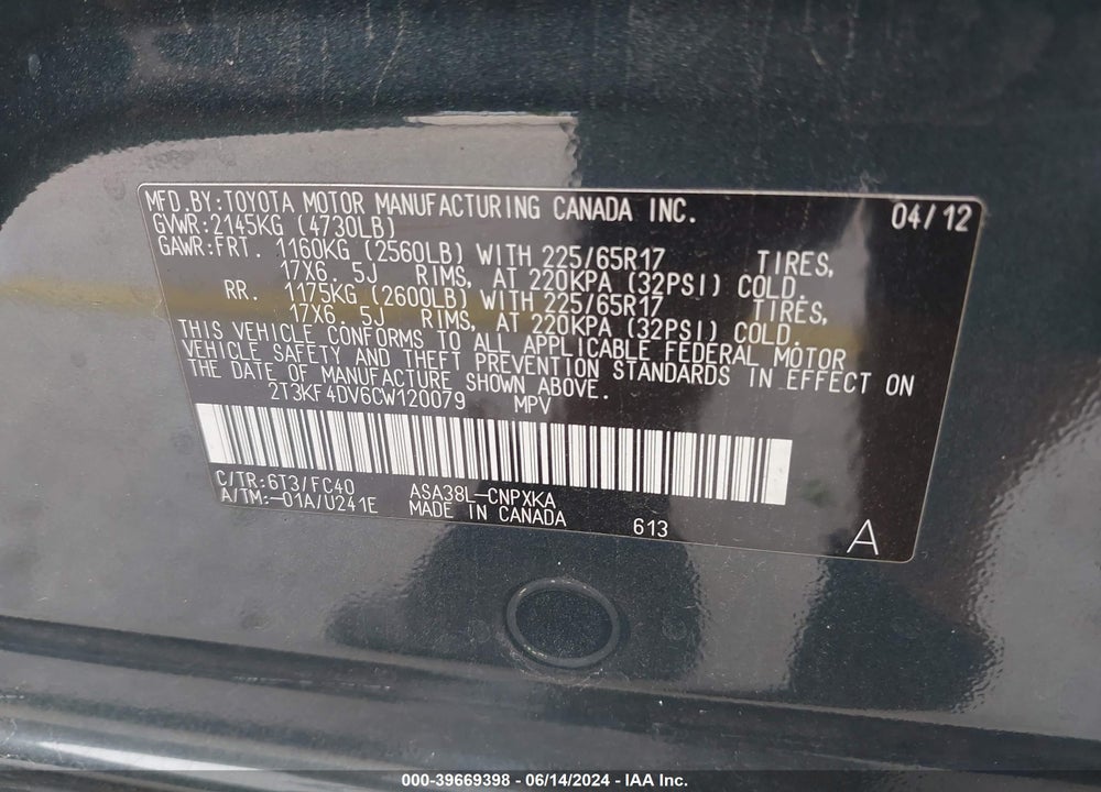 2012 TOYOTA RAV4 VIN: 2T3KF4DV6CW120079