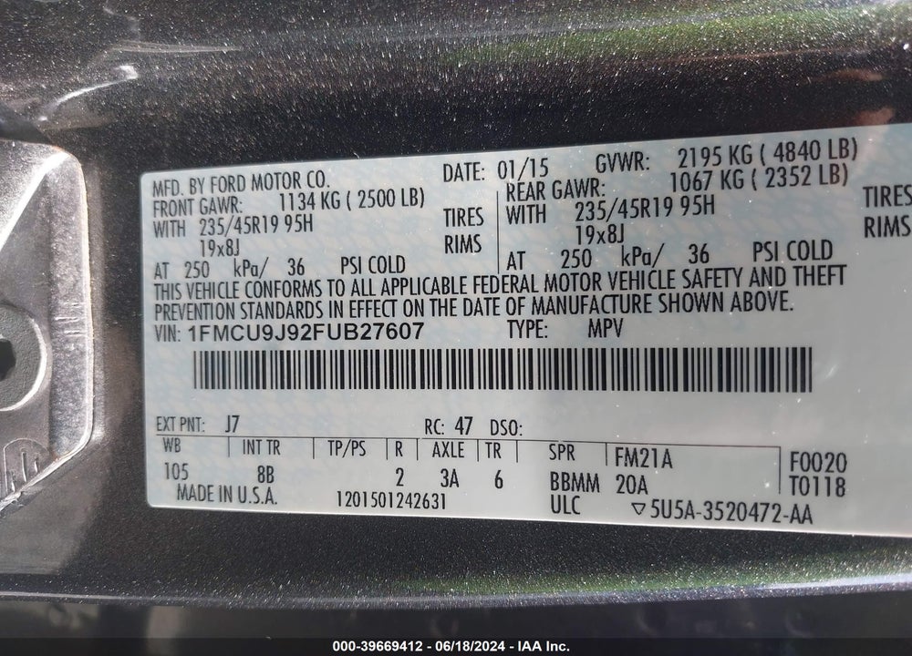 2015 FORD ESCAPE TITANIUM VIN: 1FMCU9J92FUB27607