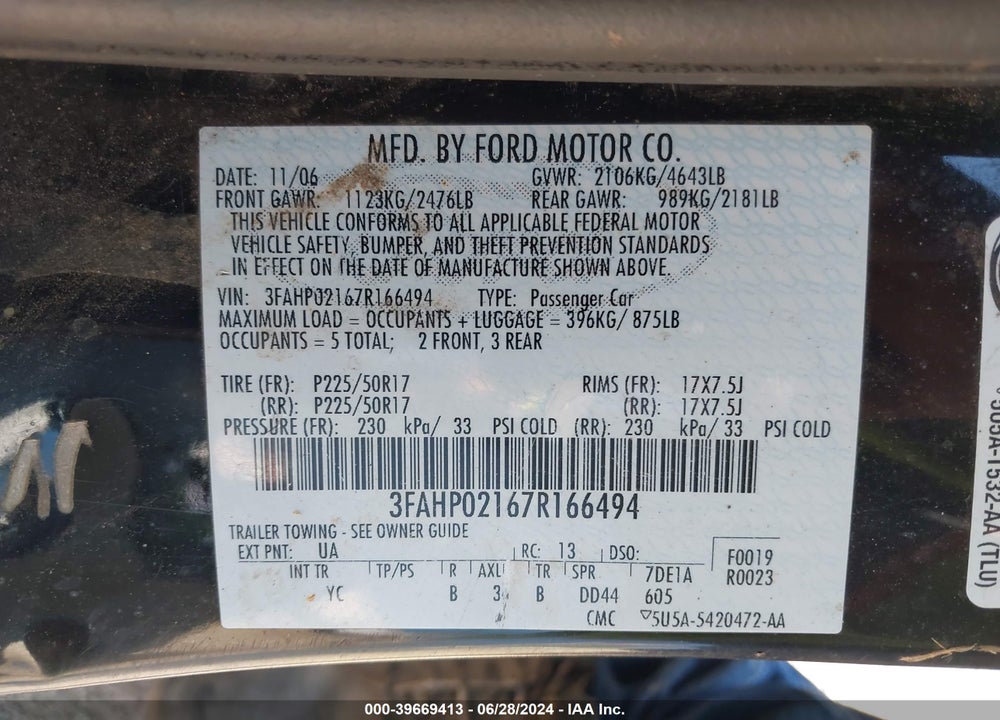 2007 FORD FUSION SEL VIN: 3FAHP02167R166494