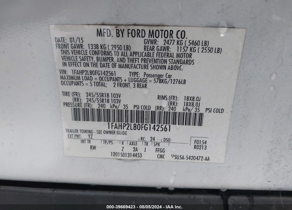 2015 FORD POLICE INTERCEPTOR VIN: 1FAHP2L80FG142561