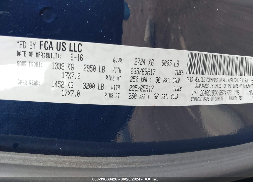 2017 CHRYSLER PACIFICA TOURING L VIN: 2C4RC1BGXHR524773