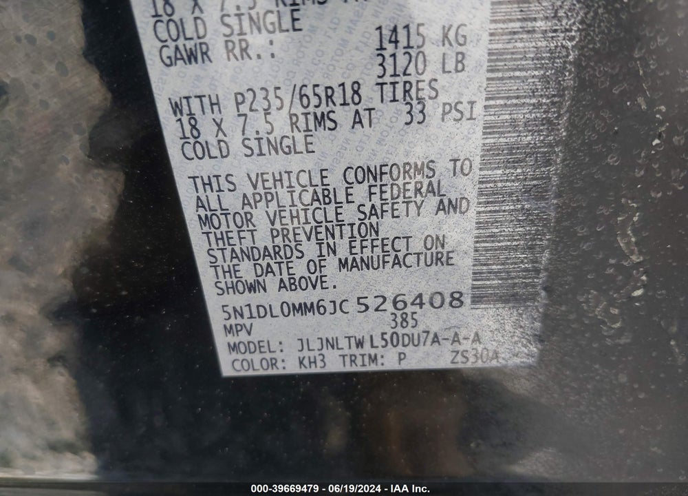 2018 INFINITI QX60 VIN: 5N1DL0MM6JC526408