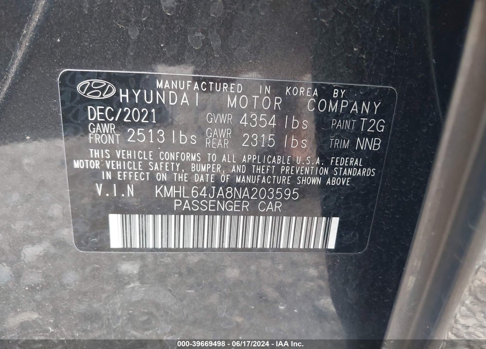2022 HYUNDAI SONATA SEL VIN: KMHL64JA8NA203595
