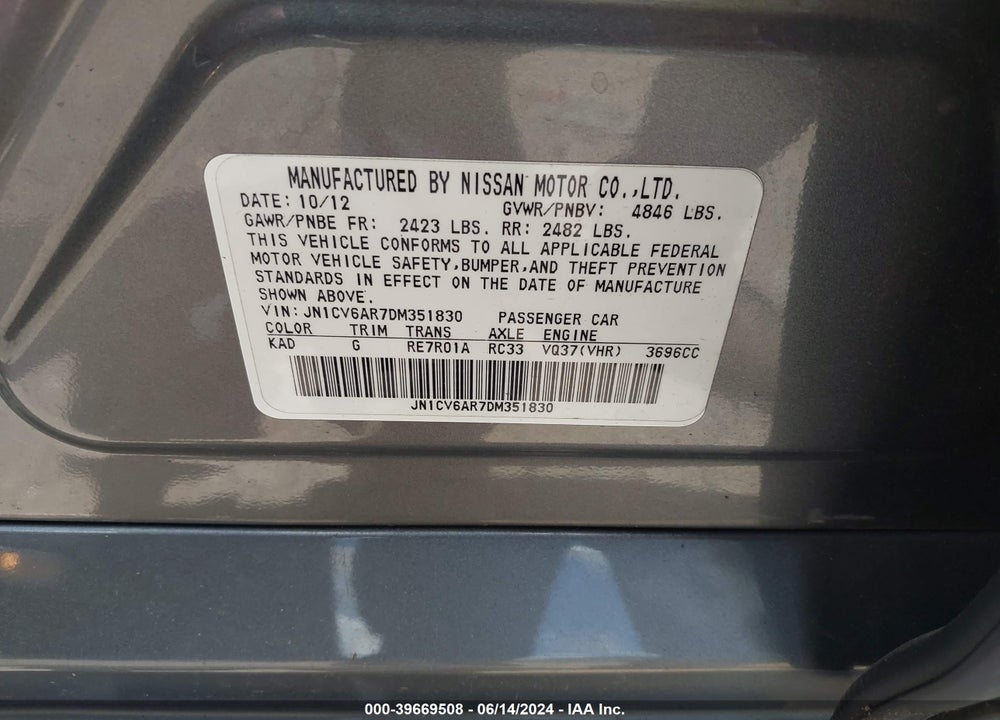 2013 INFINITI G37X VIN: JN1CV6AR7DM351830