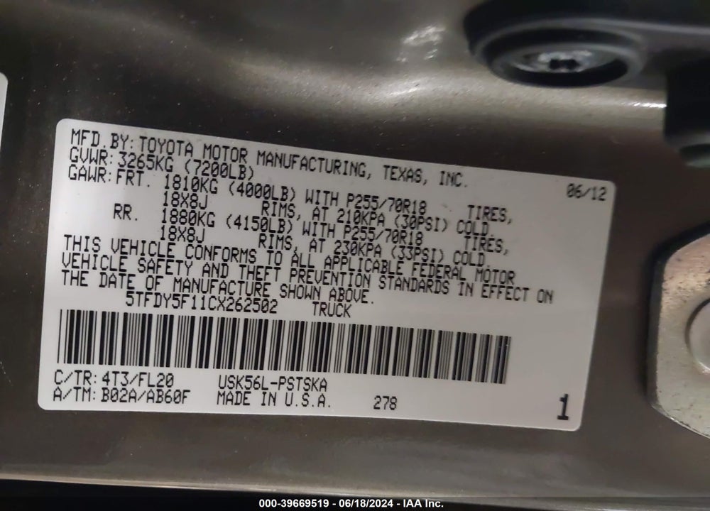 2012 TOYOTA TUNDRA GRADE 5.7L V8 VIN: 5TFDY5F11CX262502
