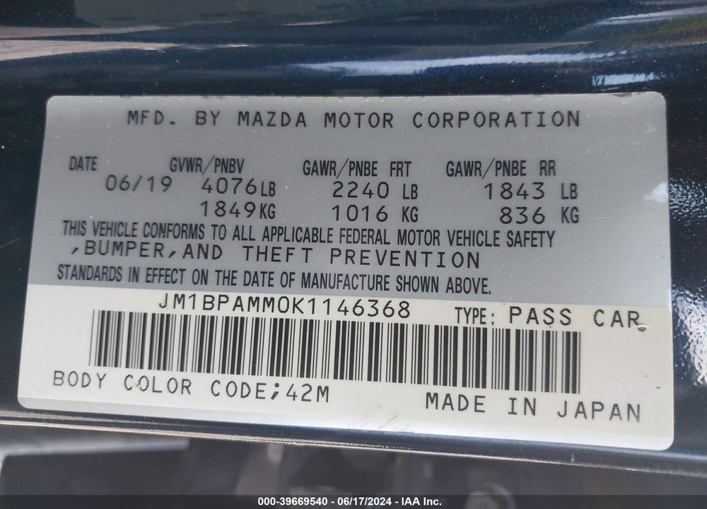 2019 MAZDA 3 PREFERRED PACKAGE VIN: JM1BPAMM0K1146368