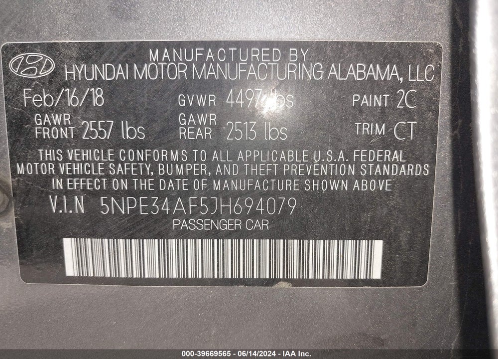 2018 HYUNDAI SONATA SPORT VIN: 5NPE34AF5JH694079