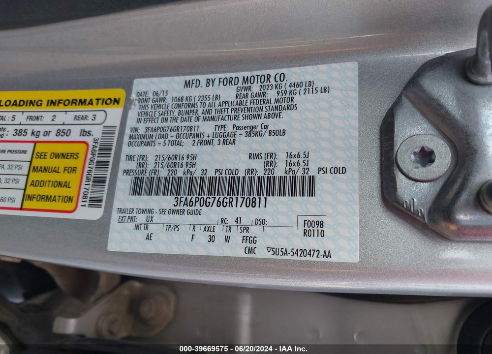 2016 FORD FUSION S VIN: 3FA6P0G76GR170811