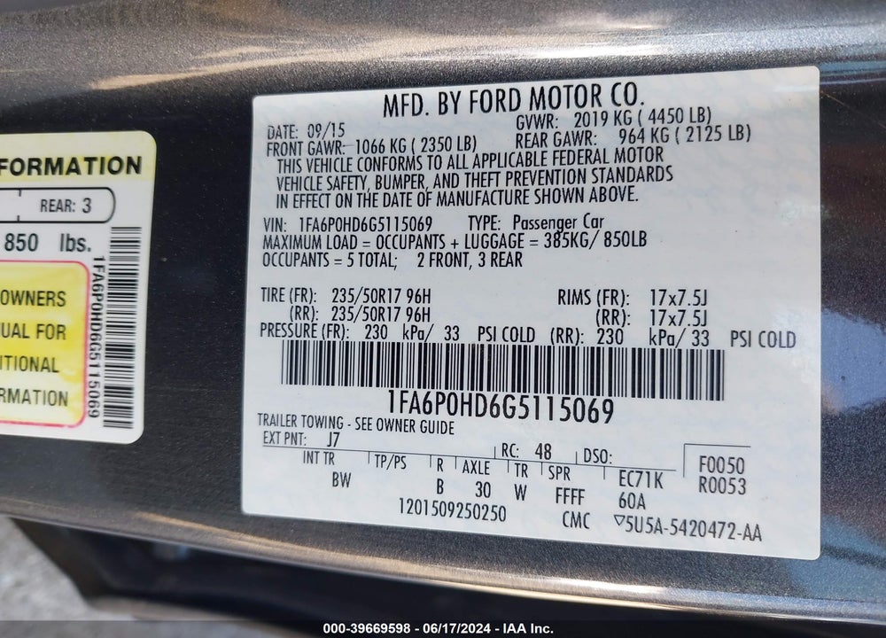 2016 FORD FUSION SE VIN: 1FA6P0HD6G5115069