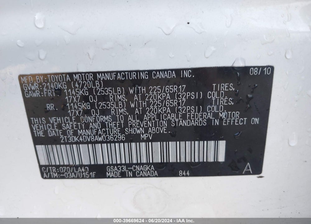 2010 TOYOTA RAV4 LIMITED V6 VIN: 2T3DK4DV8AW036296