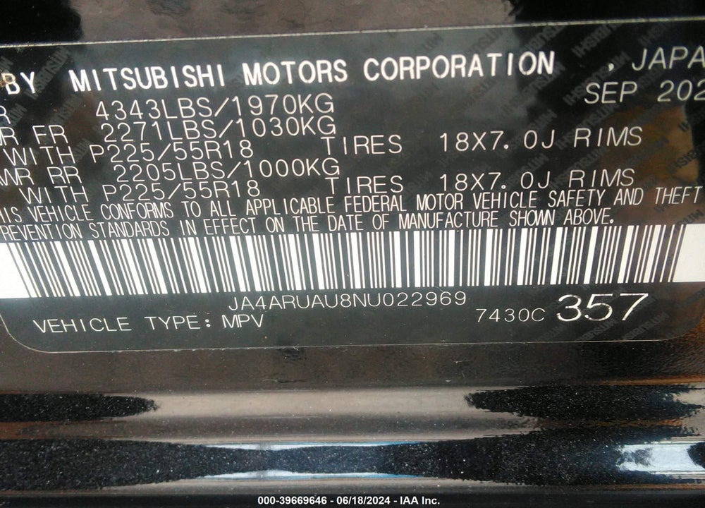 2022 MITSUBISHI OUTLANDER SPORT 2.0 BE AWC/2.0 ES AWC/2.0 LE AWC/2.0 SE AWC/2.0 SE SPECIAL EDITION AWC VIN: JA4ARUAU8NU022969