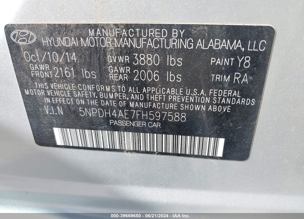 2015 HYUNDAI ELANTRA SE VIN: 5NPDH4AE7FH597588