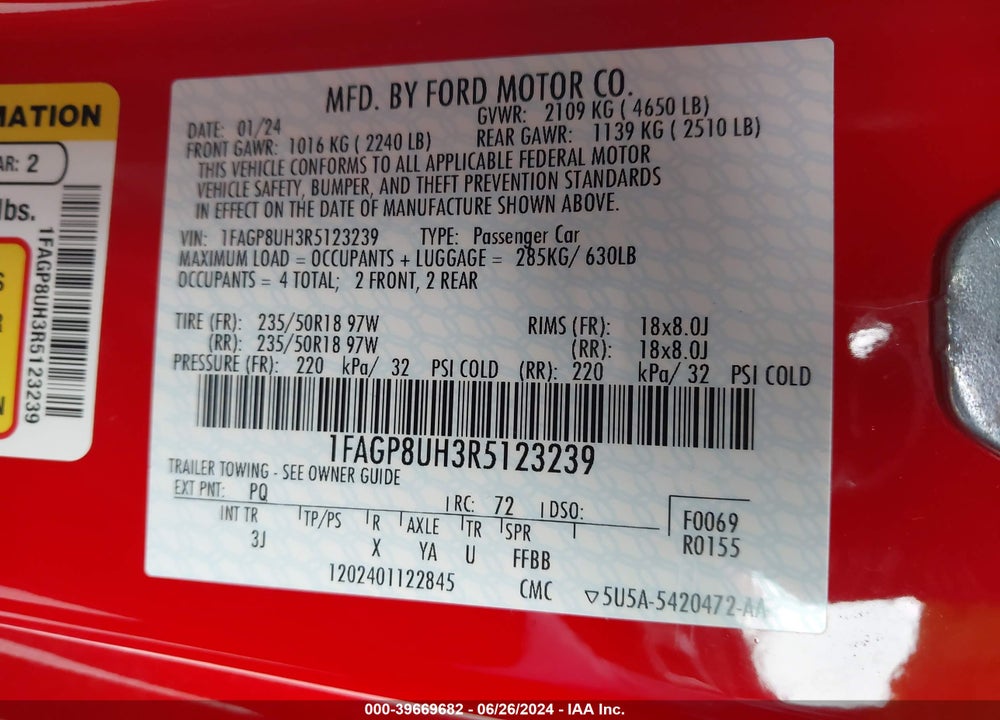 2024 FORD MUSTANG ECOBOOST PREMIUM VIN: 1FAGP8UH3R5123239