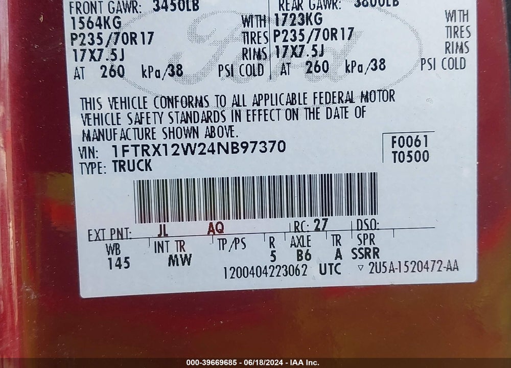 2004 FORD F-150 STX/XL/XLT VIN: 1FTRX12W24NB97370