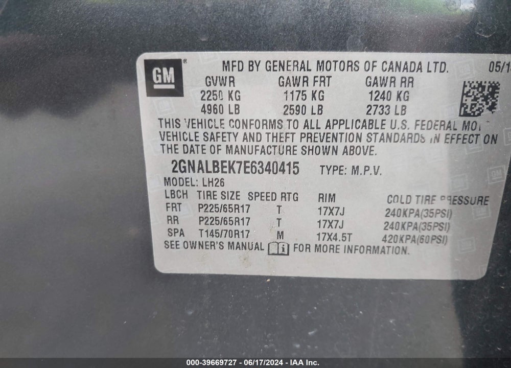 2014 CHEVROLET EQUINOX 1LT VIN: 2GNALBEK7E6340415