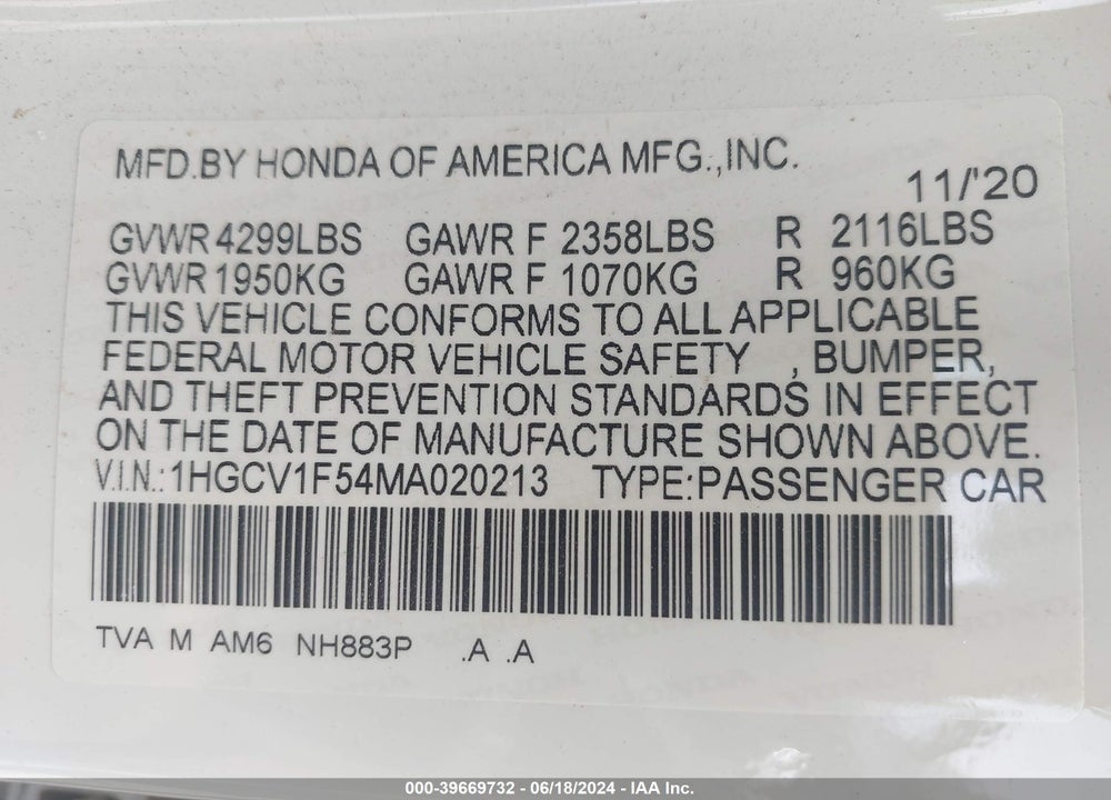 2021 HONDA ACCORD EX-L VIN: 1HGCV1F54MA020213