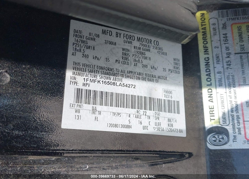 2008 FORD EXPEDITION EL XLT VIN: 1FMFK16508LA54272
