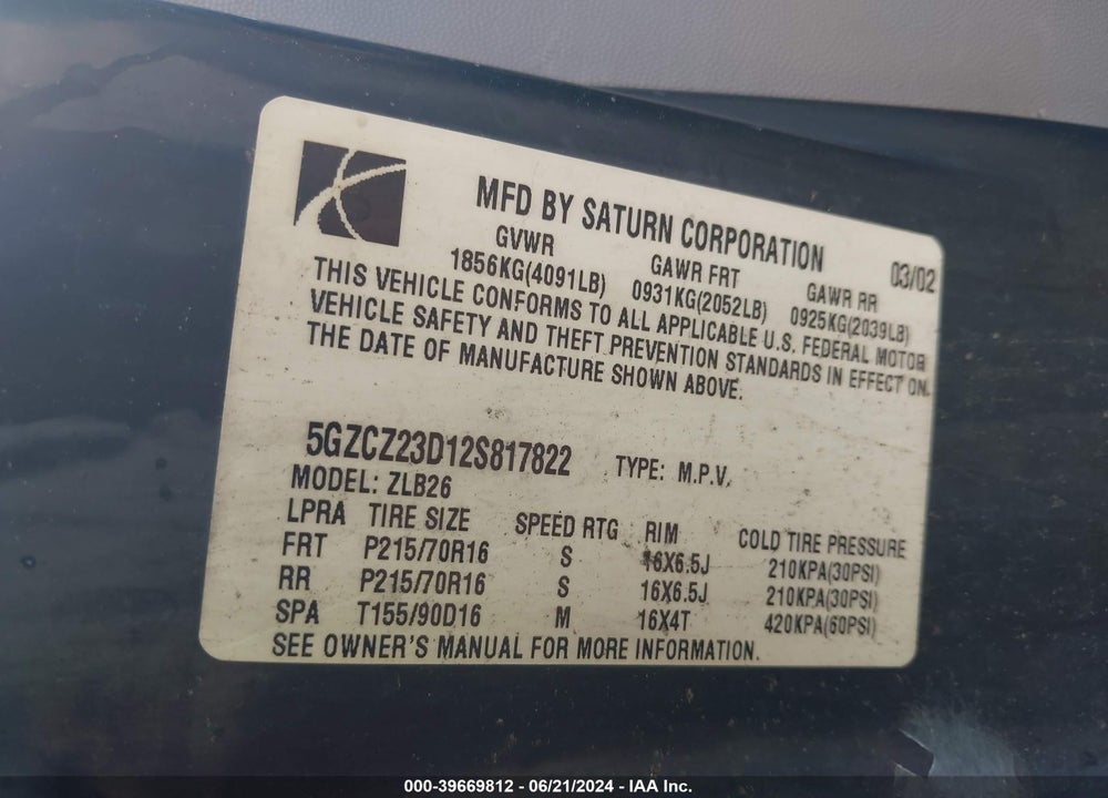 2002 SATURN VUE 4 CYL VIN: 5GZCZ23D12S817822