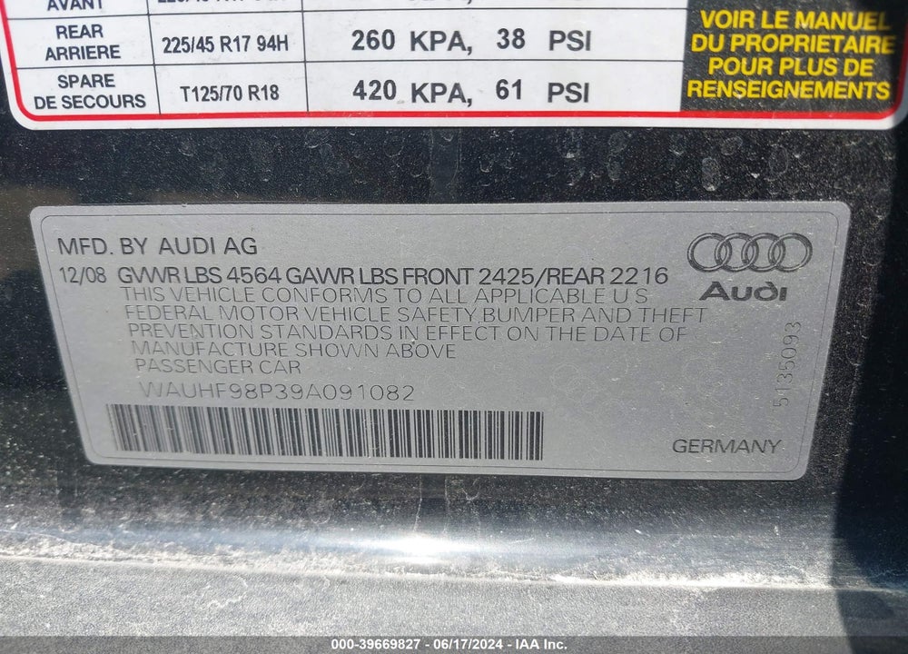 2009 AUDI A3 2.0T VIN: WAUHF98P39A091082