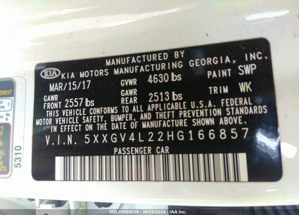 2017 KIA OPTIMA VIN: 5XXGV4L22HG166857