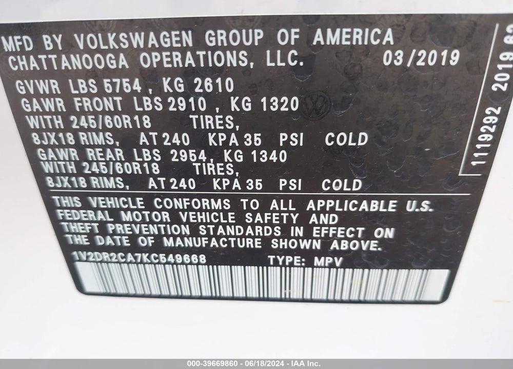 2019 VOLKSWAGEN ATLAS 3.6L V6 SE VIN: 1V2DR2CA7KC549668