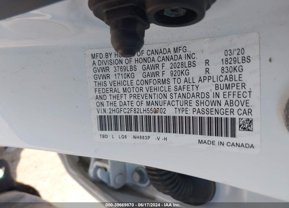 2020 HONDA CIVIC SPORT VIN: 2HGFC2F82LH550702