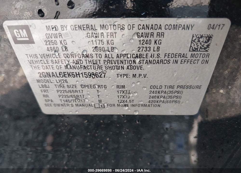 2017 CHEVROLET EQUINOX LT VIN: 2GNALCEK5H1593627