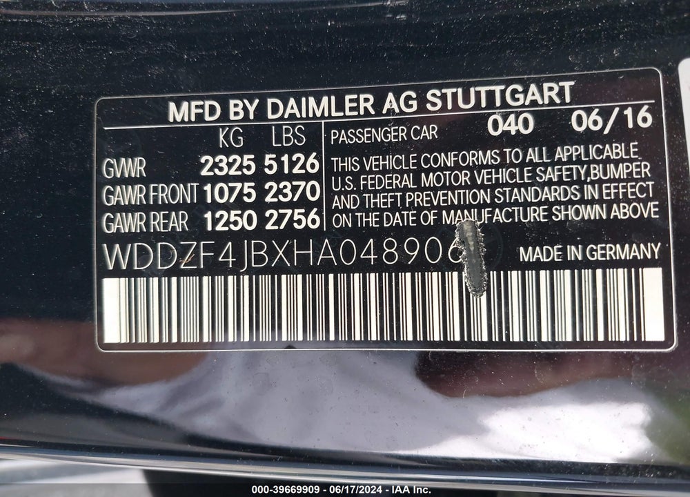 2017 MERCEDES-BENZ E 300 VIN: WDDZF4JBXHA048906