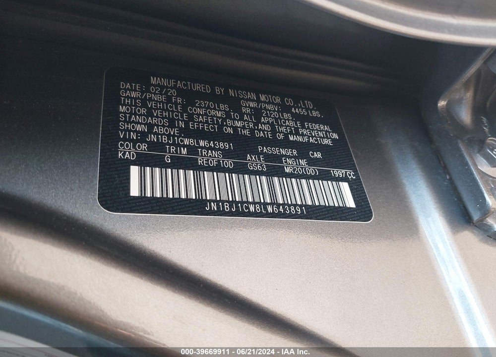 2020 NISSAN ROGUE SPORT SL AWD XTRONIC CVT VIN: JN1BJ1CW8LW643891