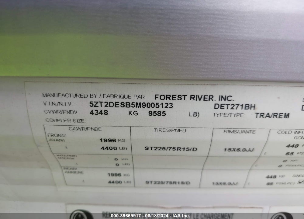2021 FOREST RIVER DELLATERRA VIN: 5ZT2DESB5M9005123