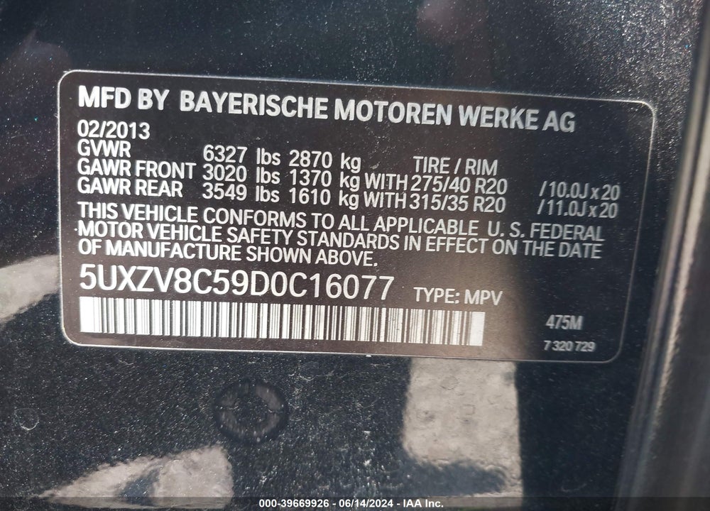 2013 BMW X5 XDRIVE50I VIN: 5UXZV8C59D0C16077