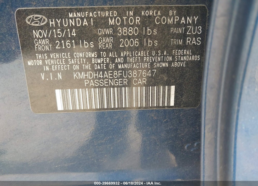 2015 HYUNDAI ELANTRA VIN: KMHDH4AE8FU387647