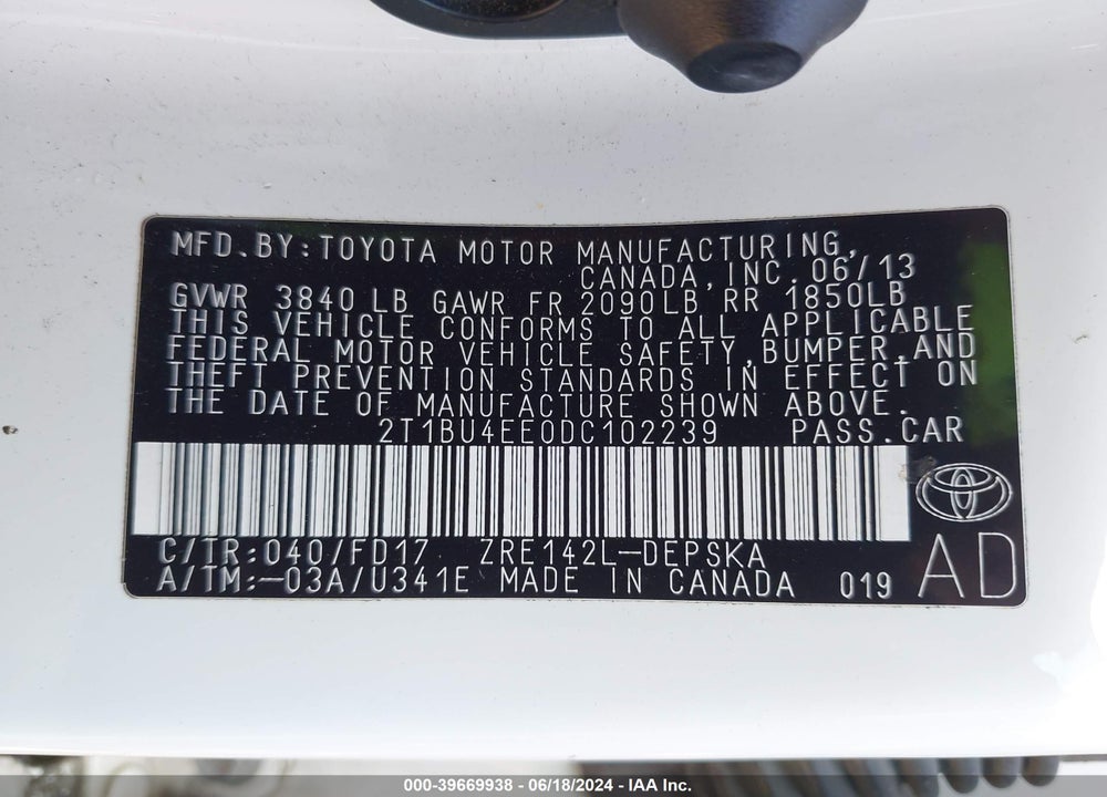 2013 TOYOTA COROLLA S VIN: 2T1BU4EE0DC102239
