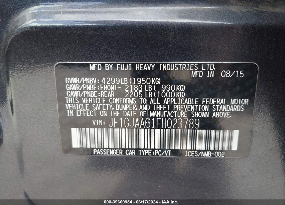 2015 SUBARU IMPREZA 2.0I VIN: JF1GJAA61FH023789