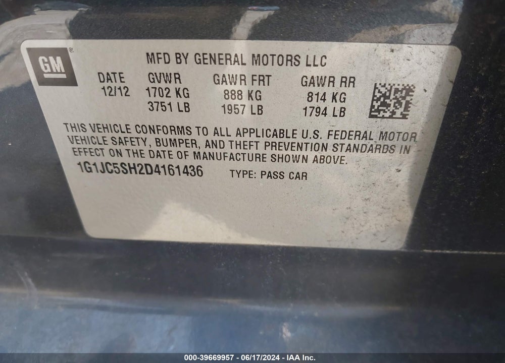 2013 CHEVROLET SONIC LT AUTO VIN: 1G1JC5SH2D4161436