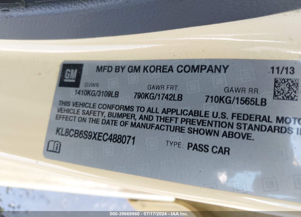 2014 CHEVROLET SPARK LS AUTO VIN: KL8CB6S9XEC488071
