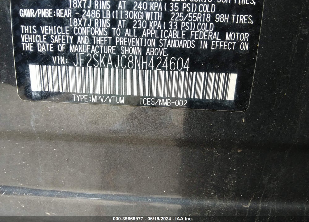 2022 SUBARU FORESTER SPORT VIN: JF2SKAJC8NH424604