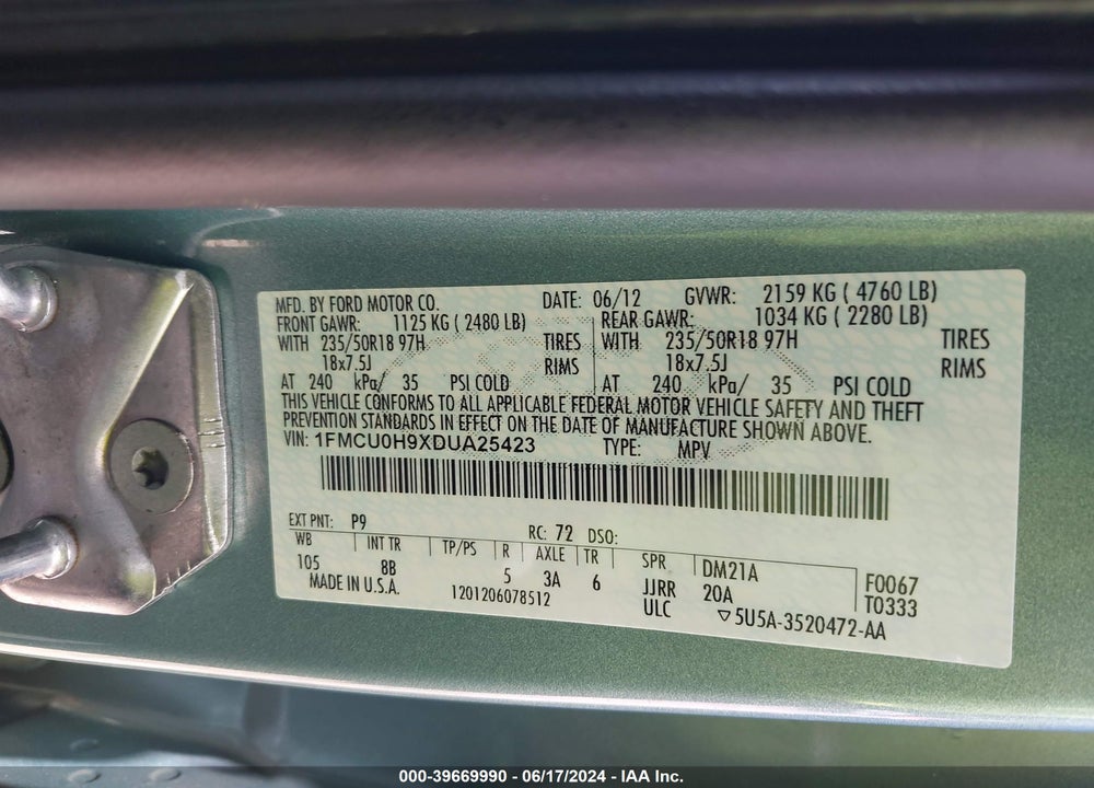 2013 FORD ESCAPE SEL VIN: 1FMCU0H9XDUA25423