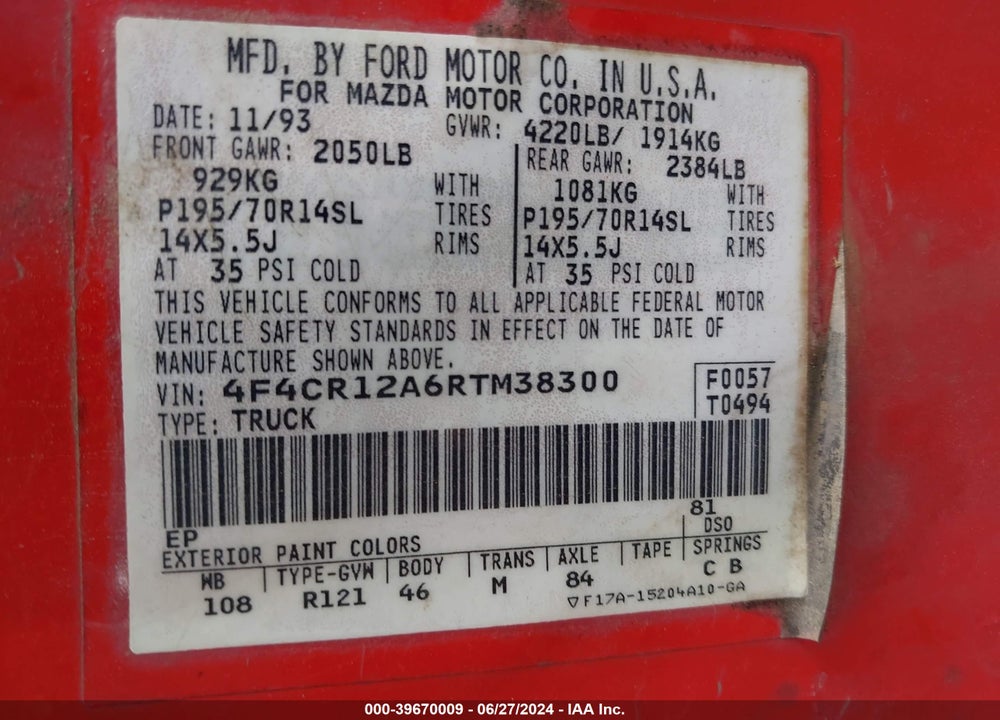 1994 MAZDA B2300 VIN: 4F4CR12A6RTM38300