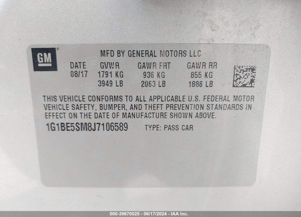 2018 CHEVROLET CRUZE LT AUTO VIN: 1G1BE5SM8J7106589
