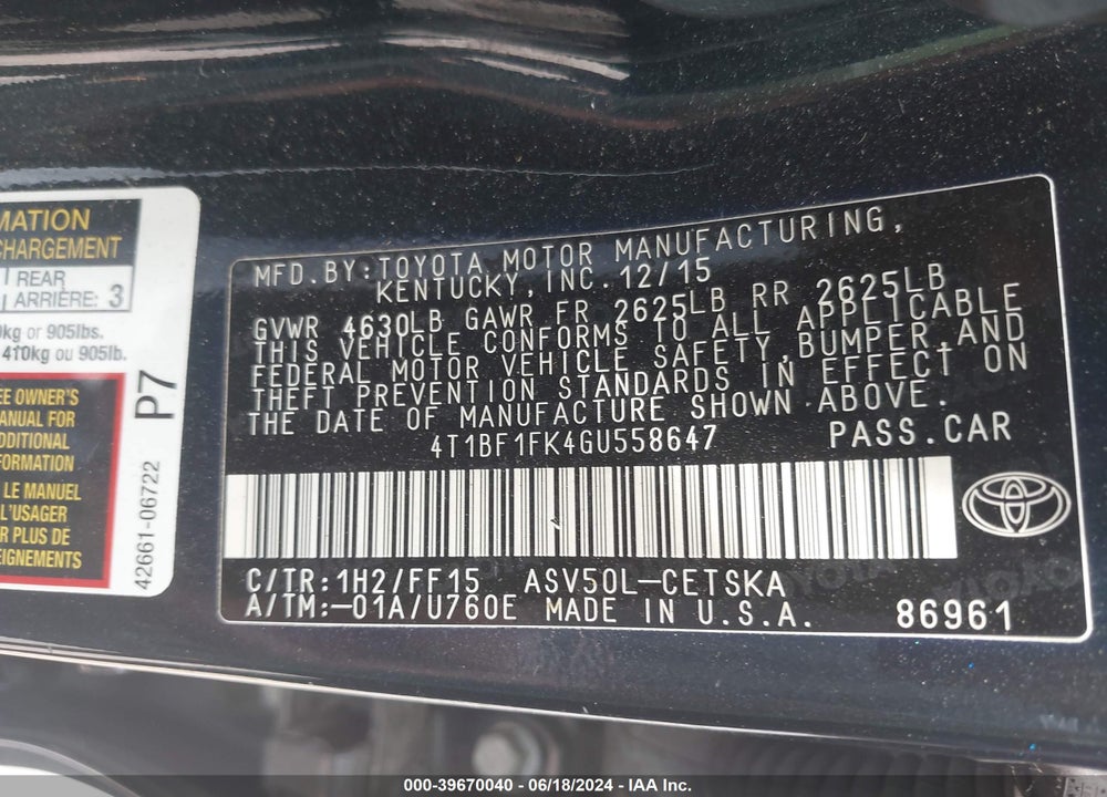 2016 TOYOTA CAMRY LE/XLE/SE/XSE VIN: 4T1BF1FK4GU558647