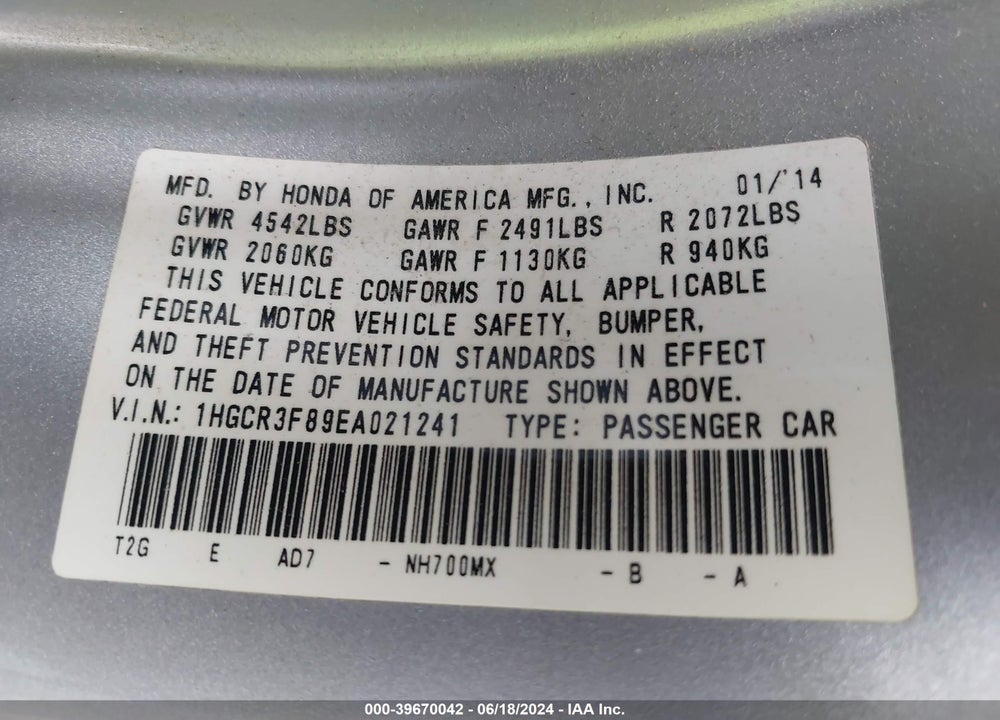 2014 HONDA ACCORD EX-L V-6 VIN: 1HGCR3F89EA021241