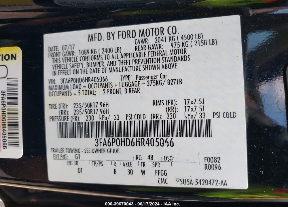 2017 FORD FUSION SE VIN: 3FA6P0HD6HR405066