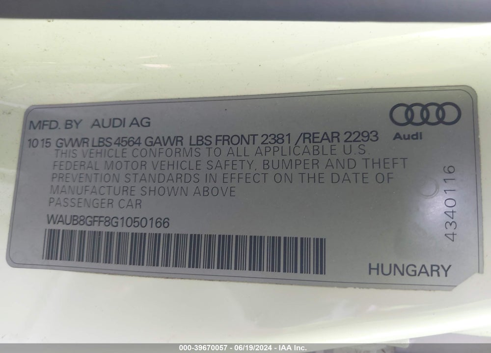 2016 AUDI A3 2.0T PREMIUM VIN: WAUB8GFF8G1050166