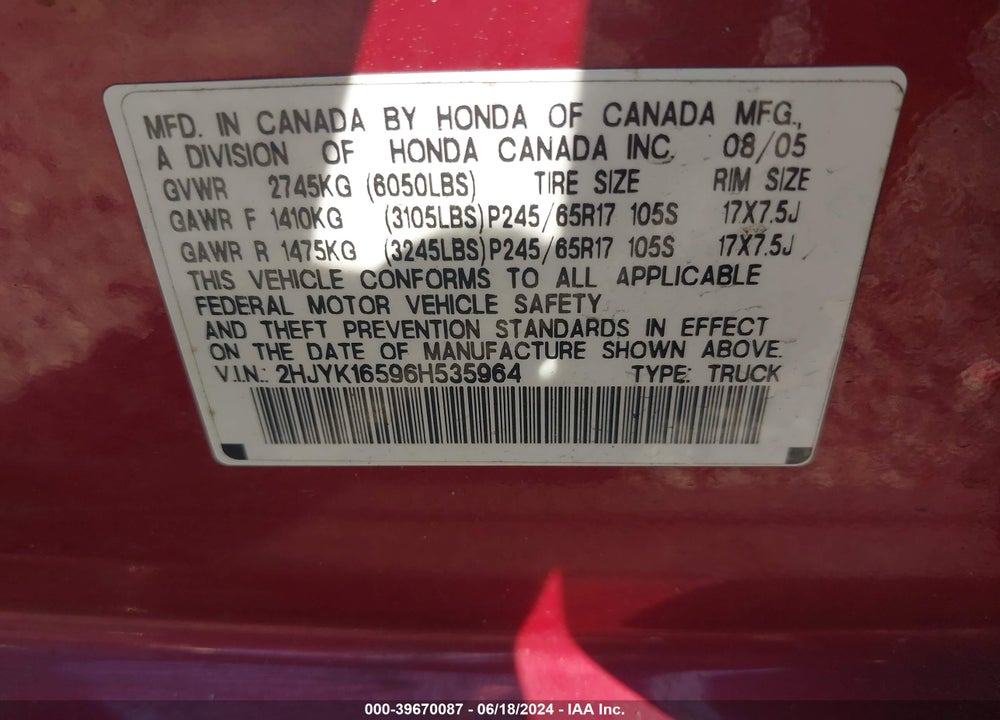 2006 HONDA RIDGELINE RTL VIN: 2HJYK16596H535964