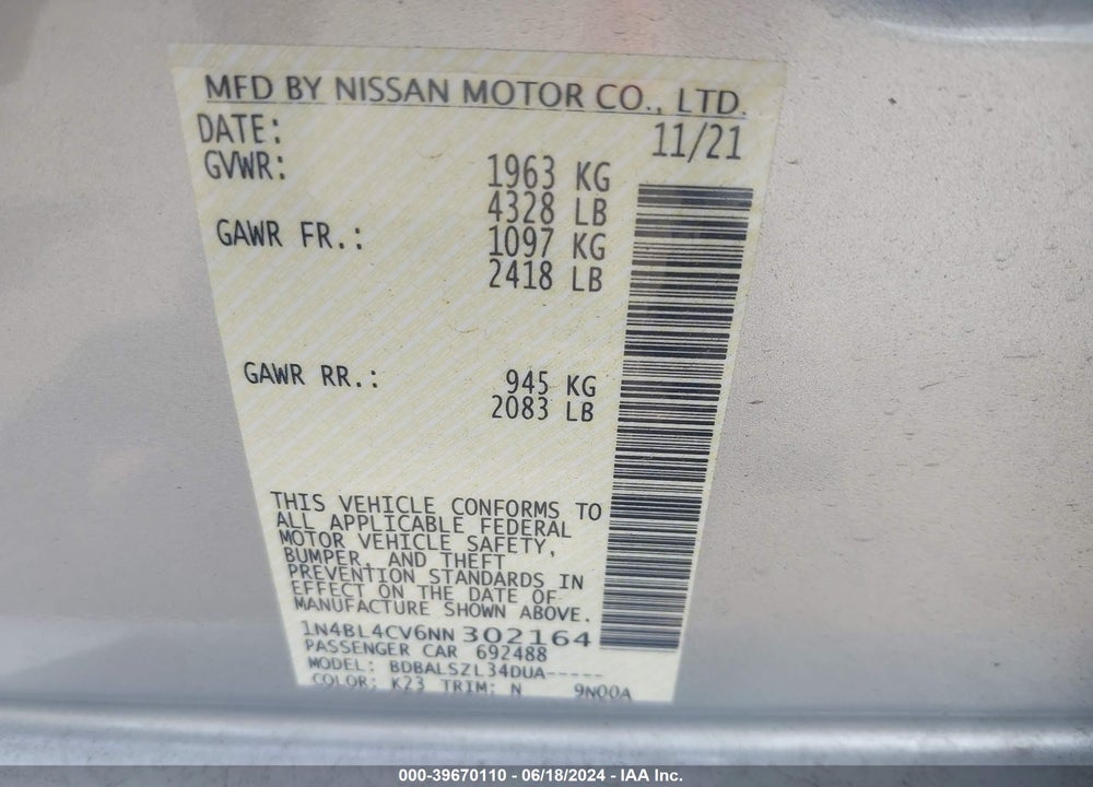 2022 NISSAN ALTIMA SR FWD VIN: 1N4BL4CV6NN302164