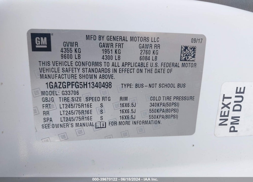 2017 CHEVROLET EXPRESS 3500 LT VIN: 1GAZGPFG5H1340498