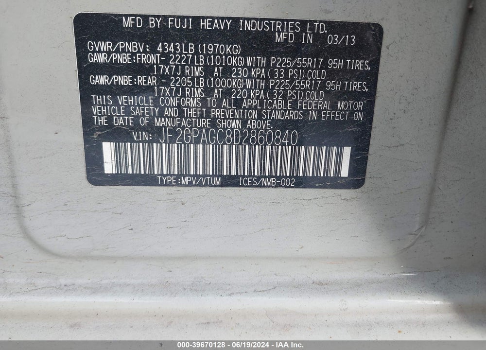 2013 SUBARU XV CROSSTREK 2.0I LIMITED VIN: JF2GPAGC8D2860840