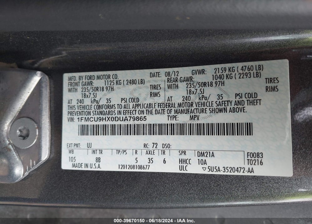 2013 FORD ESCAPE SEL VIN: 1FMCU9HX0DUA79865
